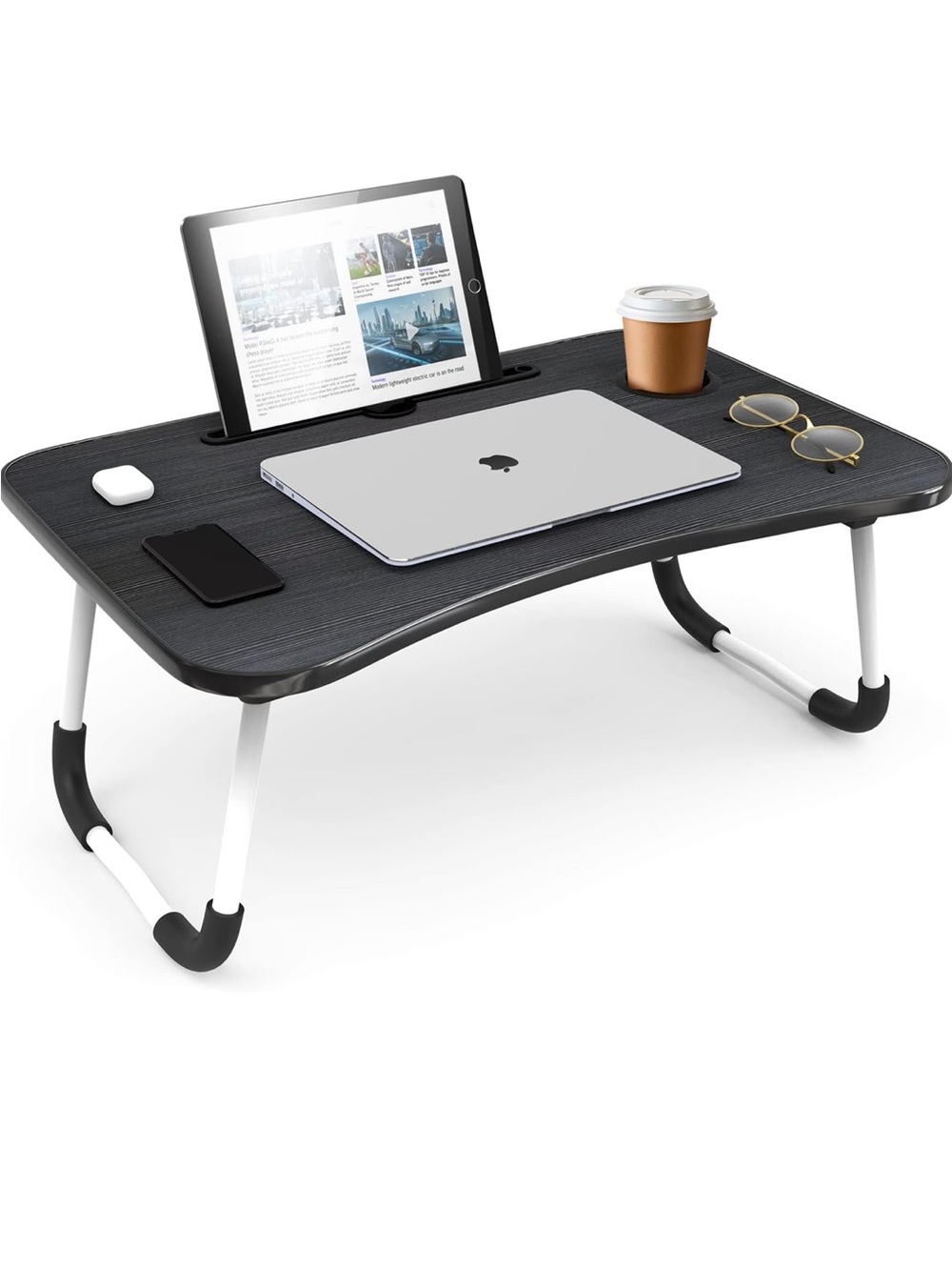 Adjustable Black Folding Laptop Bed Tray with Tablet Slot and Cup Holder